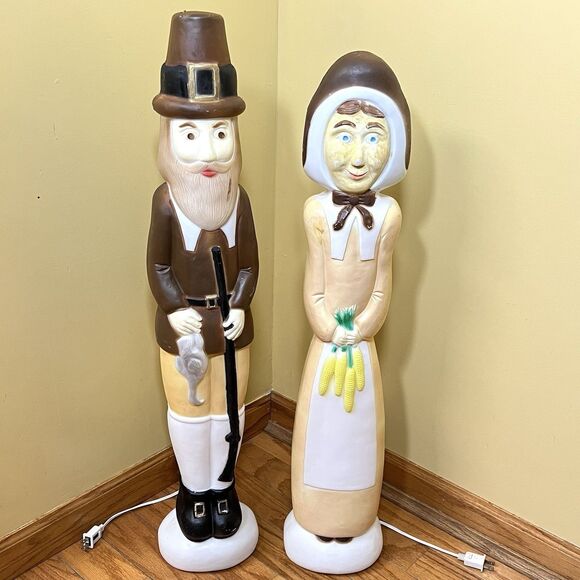VTG Don Featherstone Blow Mold Pilgrim Couple Thanksgiving Light Up Man & Woman - Picture 1 of 16